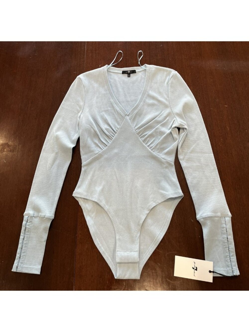 NWT 7 For All Mankind Baby Blue Long Sleeve Bodysuit Womens Size Small